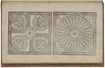 Leisure activities in early modern England ranged from reading aloud to playing games and music. Players of emblem games, like the example seen here, would spin the wheel (with the arrow pinned in) until it falls upon a random number. This number directs you to a particular emblem (symbol) within a book. Everyone present is then expected to read and interpret the emblem. This sort of activity would take place in a principal room like the parlour or great chamber. Playing these games combined education, reading, leisure and hosting, all important markers of status for members of the middling sort. But leisure was not always viewed positively, especially if it involved gambling or drinking.<br />
<br />
This book frames this particular form of game as moral and healthy rather than wasteful, noting on its title page that instruction, and Good Counsel, may be furthered by an Honest and Pleasant Recreation: it is short, everybody is a winner (as all the emblems are designed to be spiritually educational), and the game does not encourage swearing, gambling, or wasted time.