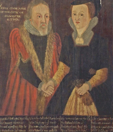 This is one of 12 civic portraits from the city of Gloucester and depicts husband and wife John (d.1528) and Joan (d.1545) Cooke. It was painted long after the sitters died, probably around 1600, to commemorate and celebrate their achievements and to serve as a reminder to follow their example of good citizenship. John is depicted wearing his mayors robe and Joan holds a pair of gloves. These may be Johns Freemans gloves, displaying the civic status of both John and Joan who is holding them. The inscription records that Joan continued the charitable work of John following his death. <br />
<br />
This sort of portrait would be displayed in public places like town- or guildhalls. The display of portraits of former mayors and other notable members of the town corporation constructed a sense of collective identity and promoted the status of the civic body. Members of the gentry would display pictures of important ancestors in their homes to highlight their status through family lineage, but members of the urban elite could display pictures of their civic predecessors to demonstrate their civic lineage. As such, remembrance of the virtues of past leaders could be used to bolster the status, authority and position of current officeholders within the community. 