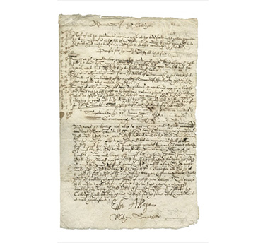 This detailed memorandum is a record of financial interests and gifts of land to be given to Dulwich College on the death of Edward Alleyn, its founder. On the other side (verso) is a note of debts owed to him, including 800 owed by the kinges Maiestie in the Exchequer. Memorandum (meaning reminder; something to be called to mind) was used as a title at the head of a note to indicate a record made for future reference. Such notes of memory carry authority as public record, and this function is indicated and reinforced by how it is signed at the bottom by both Alleyn and a witness, Matthew Sweetser.<br />
<br />
The document was written in late September 1626, just two months before Edward Alleyn died, so it is likely that this were to set his financial affairs in order with instructions outlining the business that was to be carried out upon his death. In the preamble to the memorandum, Alleyn states that most of his evidences - that is, papers verifying entitlement - were kept in a chest at the bedsfeete in the yellow chamber, the keye where of is in the till of my deske. The memorandum underlines the importance of record keeping, both as information from memory written down and as stored documents, to the business, financial security and inheritance of wealthy members of the middling.