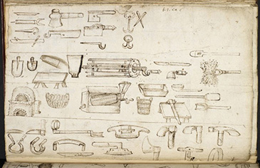 The Academy of Armoury, printed in 1688, was compiled by Randle Holme III (1627-1700). The Holmes were a prominent Chester family who served as councillors, aldermen, sheriffs, and mayors of the city. They were painter-stainers and heralds by trade: heralds were members of the <a href='https://www.college-of-arms.gov.uk/' target='_blank'>College of Arms</a>, and their job was to oversee ceremonies, such as funerals, of individuals that held coats of arms. It was also their job to monitor the use of coats of arms, ensuring that people did in fact have the right to use them, based on their lineage. This meant that heralds were great record keepers, and the Holmes family manuscripts take up 261 volumes in the British Library.<br />
<br />
The Academy of Armoury lays out the role of the herald and of all things relating to it, from clothing to food. In this drawing, Holmes depicts various Mechanick Tools and Instruments used in the occupations he has previously discussed and which he encountered throughout his career in the city of Chester. The text forms a sort of encyclopaedia of the kind of objects that he thought might provide useful elements of heraldic bearings. Being based in Chester, a busy town, he was immersed in an environment of occupational imagery, in which the streets were negotiated by shop signs that used tools as symbols of their proprietors trade. Holmes had a documentary eye, interested in the detail of these objects as a way of showing the distinction between them; his work therefore coincidentally provides us with an important reference work for understanding occupations and the tools they employed in early modern England, even as he draws them into the book with the pen and ink of his own trade.