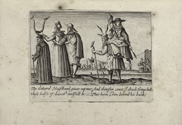 Dramatic characters (created by Shakespeare and contemporaries) worry endlessly about being the subject on the left in this image: a cuckold. The term describes the husband of a wife who has cheated or had an adulterous liaison or affair. This engraving shows a well-dressed man in a long cloak and ruff. His wife holds a pair of horns above his headthe symbol of cuckoldry.<br />
<br />
The motto reads:<br />
<br />
My dotard Husband gives not mee / those halfe of dues, which needful be / And therefore since I such things lack / Thus horne I him behind his back.<br />
<br />
The sophisticated dress of these figures captures their elevated social status. It emphasises the importance of sexual propriety for the middling sorts in particular. Moral rectitude was fundamental to their authority and their status.  After all, many middling individuals were responsible for maintaining good behaviour through their various community roles and the outward perception of a well-run and prosperous household. The term cuckold was not just a joke in literature and drama, but part of social practice.<br />
<br />
This woodcut comes from a collection called <em>English Customs</em> (1628), illustrating the very real (if regionally distinct) shaming rituals practised across the country. Adultery undermined the head of the household in a patriarchal society that emphasised male authority as a moral virtue. Accordingly, knowledge of adultery was not only the subject of harmful gossip but was publicly policed by communities. On the right, a woman rides on the back of a man with horns in his hat showing her physical dominance and sexual immorality. In order to bring such disorderly households into public fame (and shame) the community might stage a spectacle, known as skimmingtons or charivari dances or processions that displayed the inversion of rightful social order and that advertised the reputational harm to the married couple. <br />
<br />
Similar rituals, such as the Scolds Bridle, which was worn on a womans head (and with a metal bit in her mouth) as punishment for excessive talking, demonstrate the essentially misogynist roots of these practices and capture their anxiety about womens sexuality and agency. 